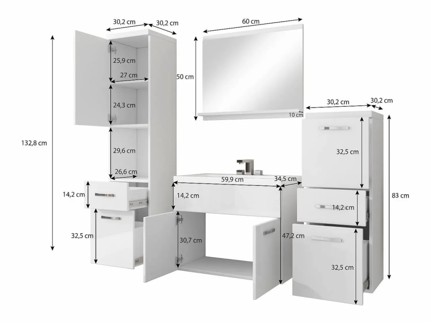 Clearance Muebles de baño modernos, conjunto suspendido con lavabo, espejo y columnas, cuerpo mate / frentes gris brillo Blanco