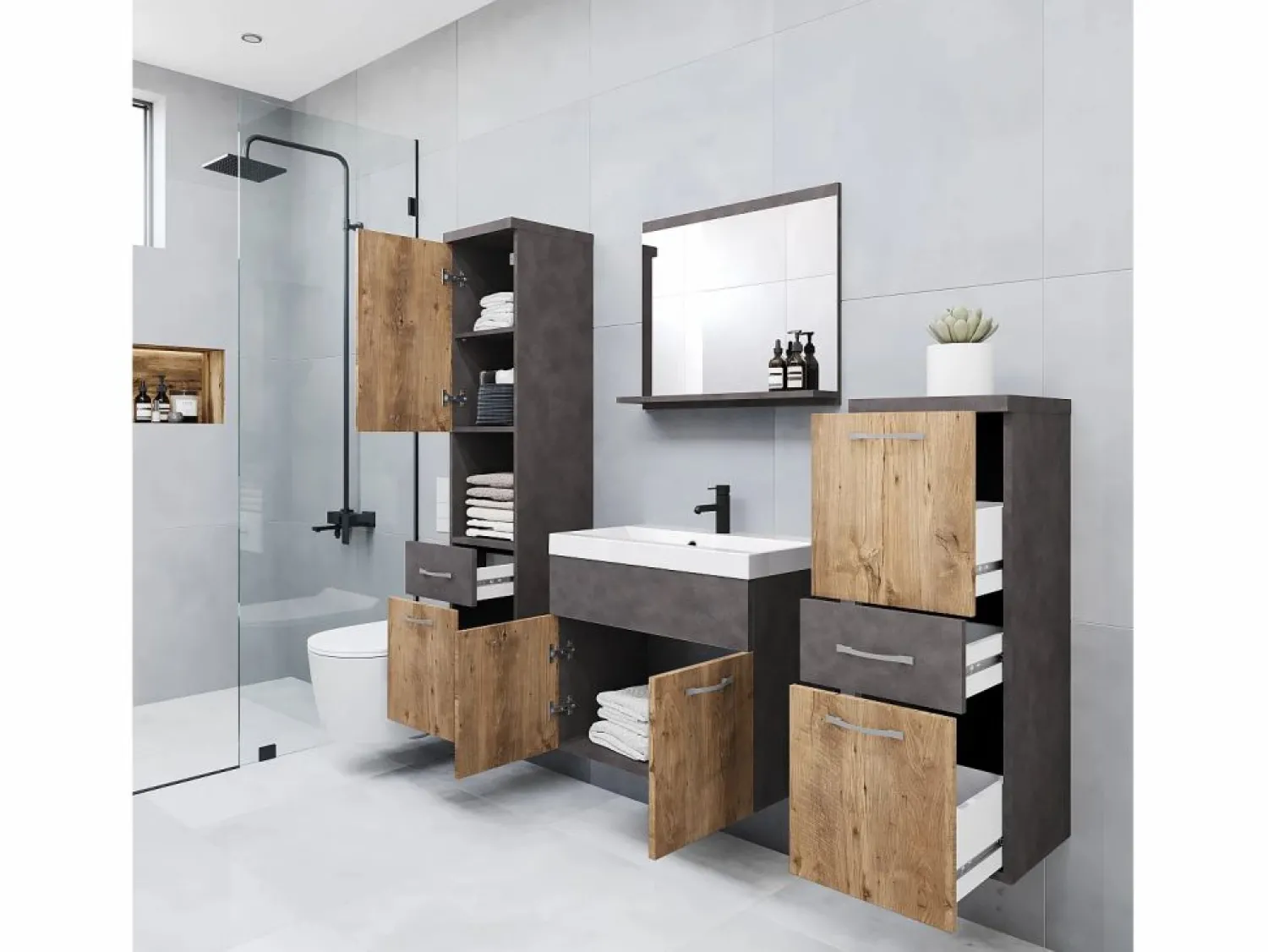Muebles de baño modernos, conjunto suspendido con lavabo, espejo y columnas, matera / castaño mate Conjunto De Baño
