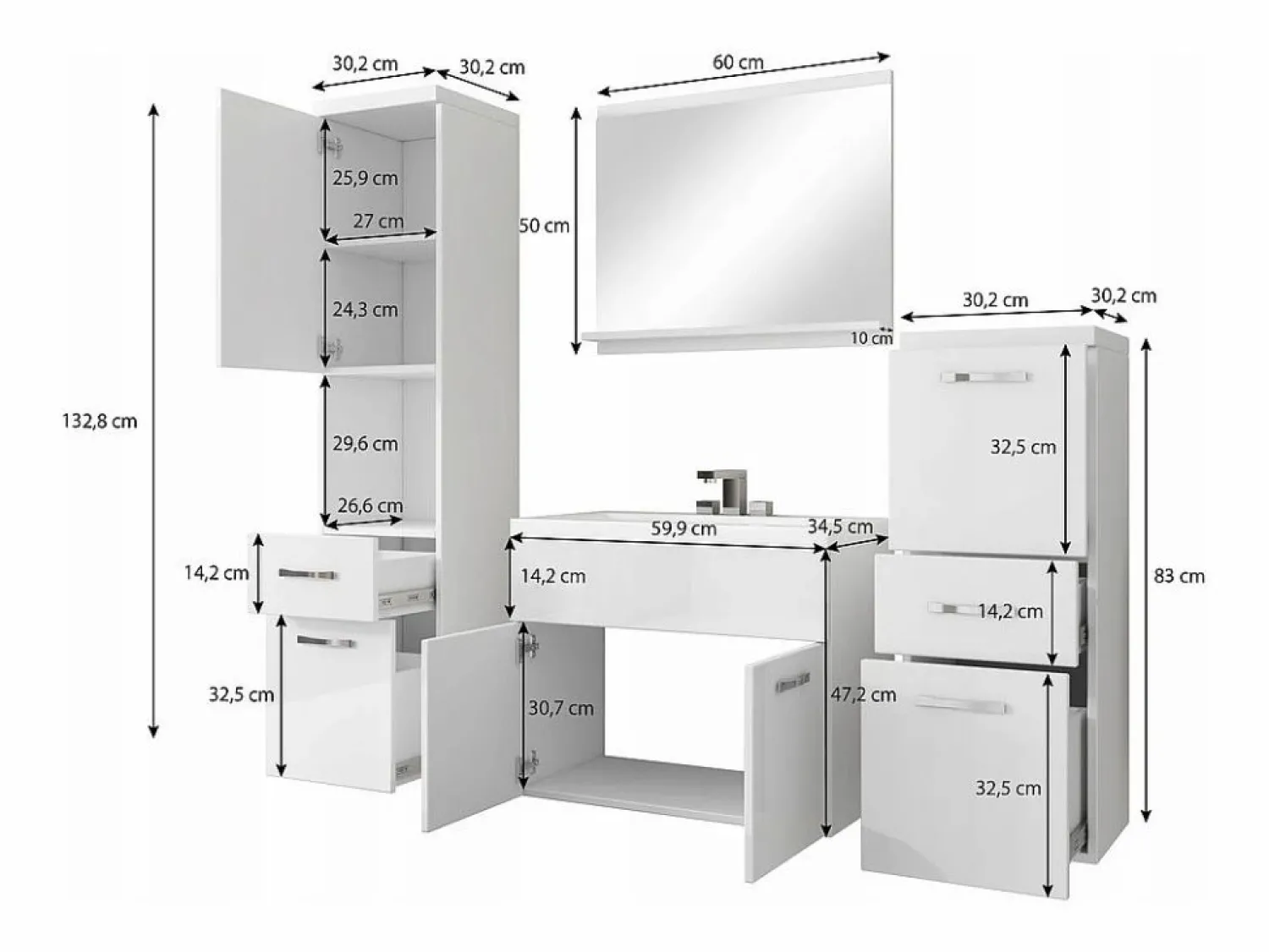Muebles de baño modernos, conjunto suspendido con lavabo, espejo y columnas, matera / castaño mate Conjunto De Baño