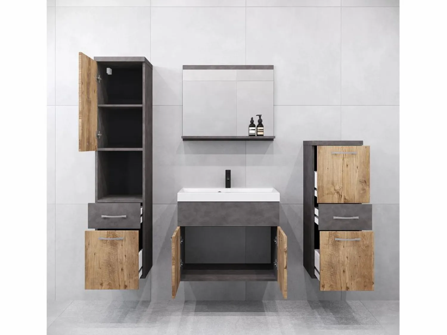 Muebles de baño modernos, conjunto suspendido con lavabo, espejo y columnas, matera / castaño mate Conjunto De Baño