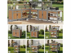 Muebles de jardín móviles - 403,8 x 134,4 x 148,5 cm - con fregadero + grifo + cajones + puertas - madera - natural Armario De Jardín