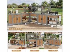 Muebles de jardín móviles - 403,8 x 134,4 x 148,5 cm - con fregadero + grifo + cajones + puertas - madera - natural Armario De Jardín