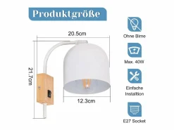 NETTLIFE Aplique de madera con interruptor - Foco de pared de 1 llama E27 Lámpara de pasillo blanca 330°, Sin bombilla