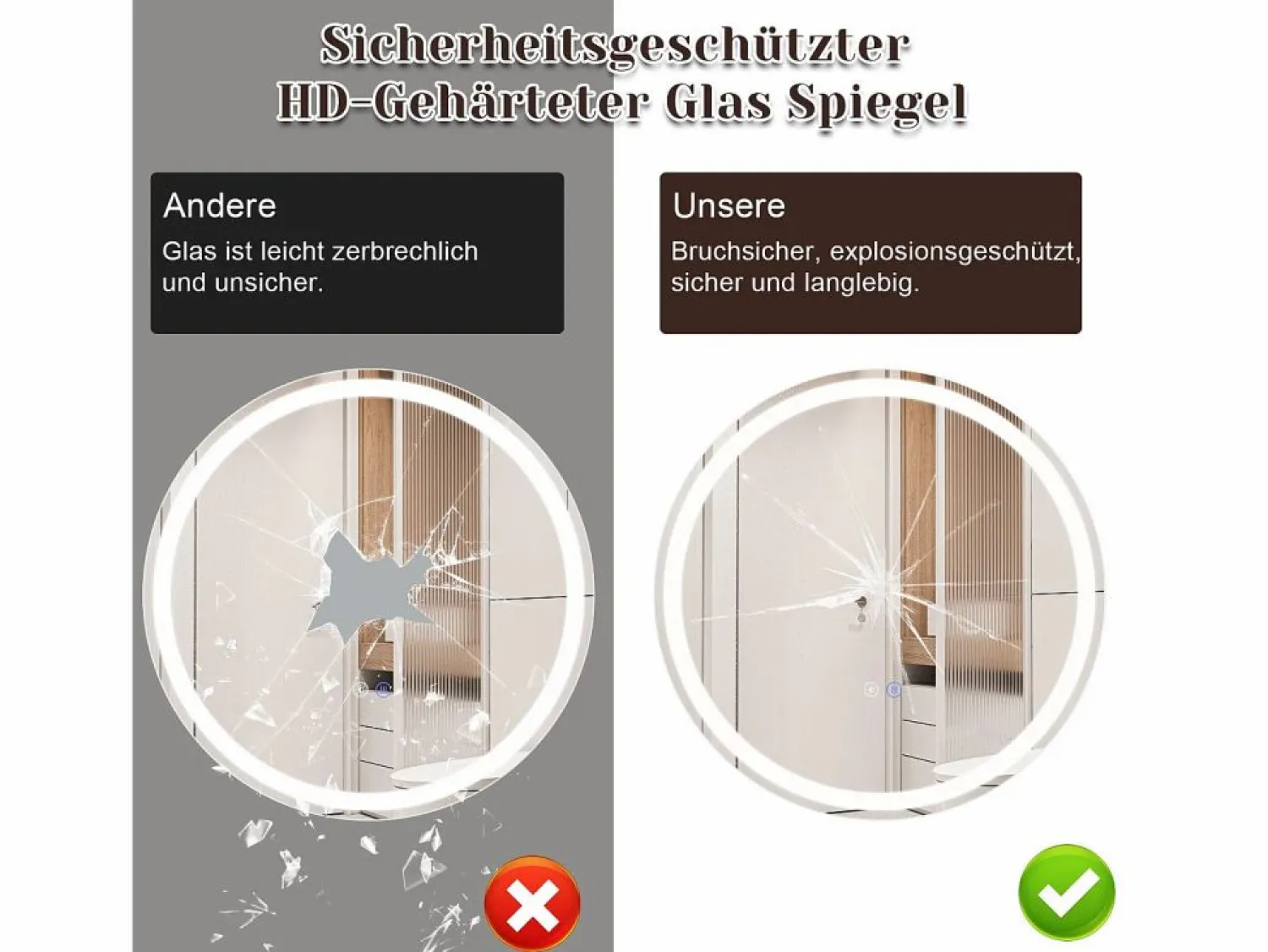 New Espejo de baño con luz LED - Redondo 50 cm LED, mural, interruptor táctil, antineblina, IP44, ajustable 3000K-6500K Accesorios De Cuarto De Baño|Espejo De Cuarto De Baño