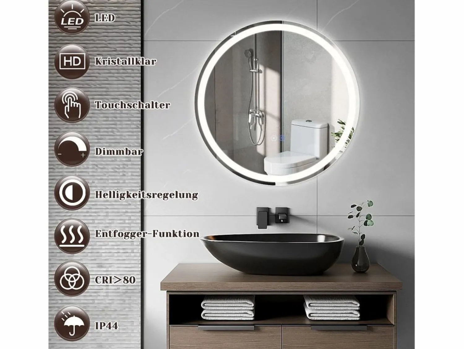 New Espejo de baño con luz LED - Redondo 50 cm LED, mural, interruptor táctil, antineblina, IP44, ajustable 3000K-6500K Accesorios De Cuarto De Baño|Espejo De Cuarto De Baño