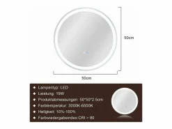 New Espejo de baño con luz LED - Redondo 50 cm LED, mural, interruptor táctil, antineblina, IP44, ajustable 3000K-6500K Accesorios De Cuarto De Baño|Espejo De Cuarto De Baño