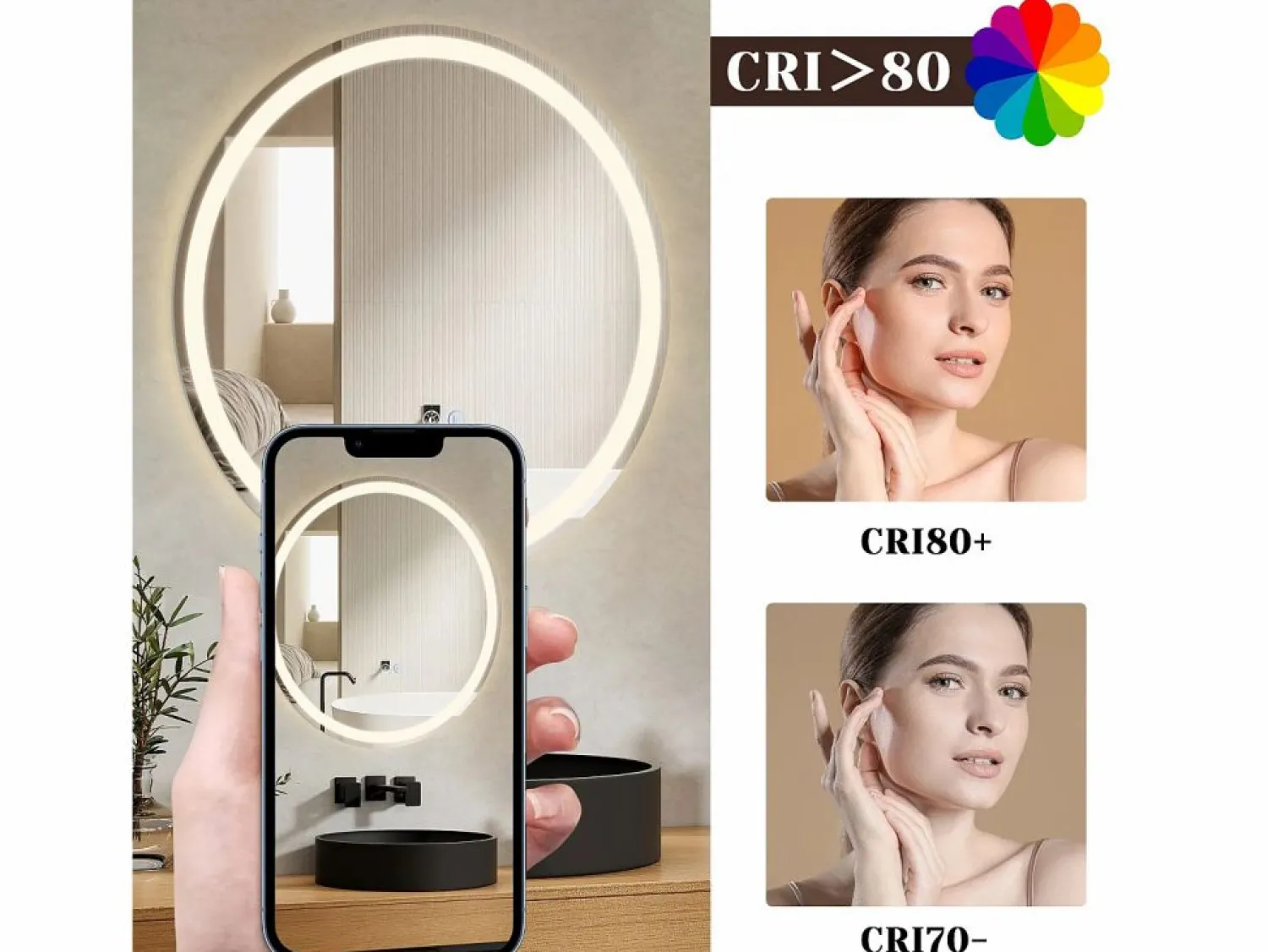 New Espejo de baño con luz LED - Redondo 50 cm LED, mural, interruptor táctil, antineblina, IP44, ajustable 3000K-6500K Accesorios De Cuarto De Baño|Espejo De Cuarto De Baño