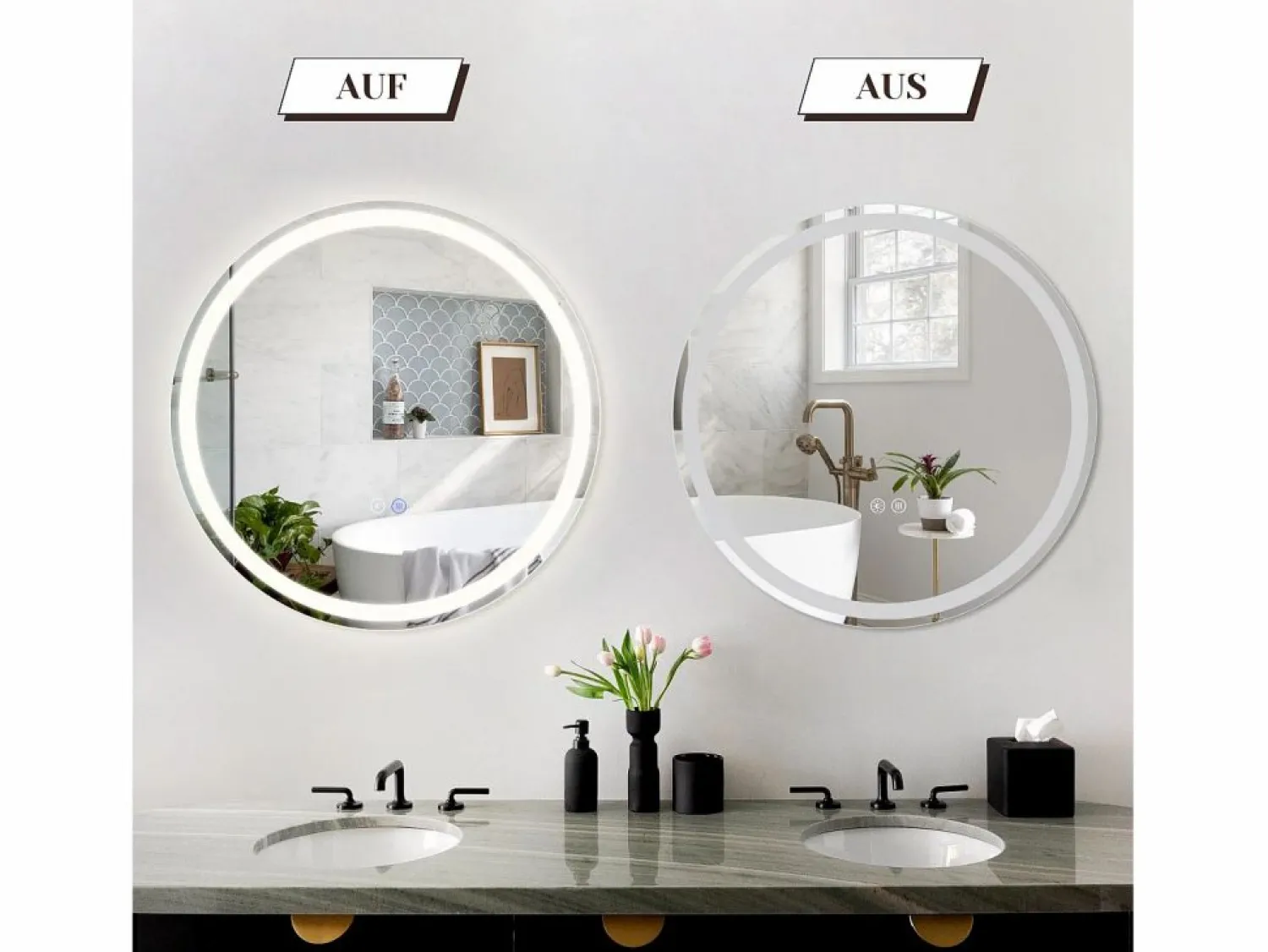 New Espejo de baño con luz LED - Redondo 50 cm LED, mural, interruptor táctil, antineblina, IP44, ajustable 3000K-6500K Accesorios De Cuarto De Baño|Espejo De Cuarto De Baño