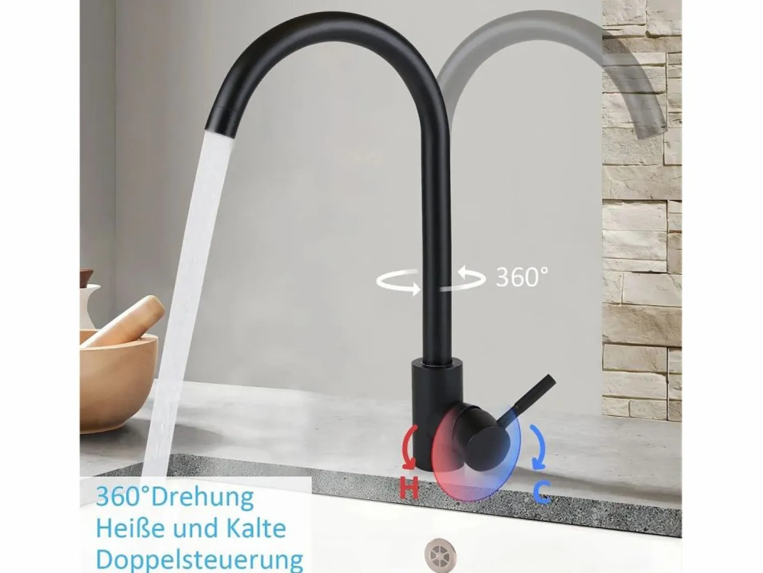 NETTLIFE Grifo de cocina Grifo de alta presión Grifo de fregadero de cocina de acero inoxidable giratorio 360°