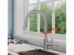 Hot NETTLIFE Grifo de cocina con ducha de mano extensible, alta presión, acero inoxidable de doble chorro y giratorio 360 °, níquel Plateado