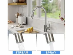 Hot NETTLIFE Grifo de cocina con ducha de mano extensible, alta presión, acero inoxidable de doble chorro y giratorio 360 °, níquel Plateado