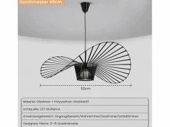 Discount NETTLIFE Lámpara Colgante Negra E27 Moderna Diam.60cm Diseño Sombrero Policarbonato Máx.40W para Salón Comedor Cocina, Sin Bombilla Negro