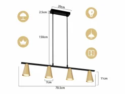 NETTLIFE Lámpara colgante para mesa de comedor, colgante de oro: colgante moderno GU10, 4 llamas, metal negro industrial.