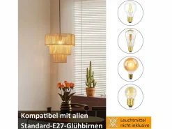 NETTLIFE Lámpara colgante para mesa de comedor, lámpara colgante para salón, lámpara colgante de ratán bohemia, Ø35 cm, 1 bombilla