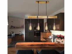 NETTLIFE Lámpara colgante 4 bombillas E27 Diam.80cm retro con viga de madera Vintage para comedor cocina máx.25W