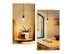 New NETTLIFE Lámpara colgante E27 Vintage Diam.12 cm madera metal con pantalla de cristal para comedor cocina salón dormitorio Negro