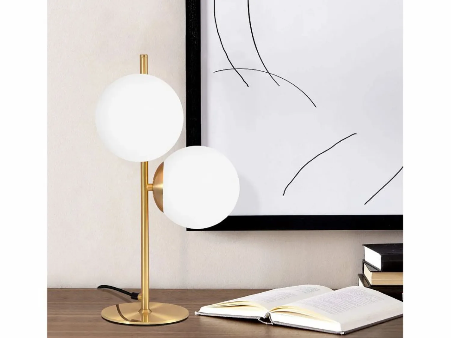 NETTLIFE lámpara de mesa / lámpara de cabecera moderna y industrial dorada, 2 bombillas con interruptor, diseño de metal y vidrio , E27.