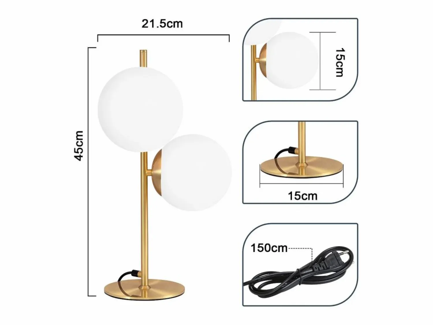 NETTLIFE lámpara de mesa / lámpara de cabecera moderna y industrial dorada, 2 bombillas con interruptor, diseño de metal y vidrio , E27.