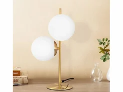 NETTLIFE lámpara de mesa / lámpara de cabecera moderna y industrial dorada, 2 bombillas con interruptor, diseño de metal y vidrio , E27.