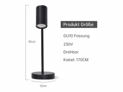 NETTLIFE lámpara de mesilla, lámpara de mesa negra, salón giratoria 350° GU10, metal, oficina.