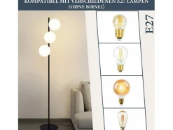 NETTLIFE Lámpara de pie negra -moderna para sala de estar de 3 luces con interruptor de pie industrial vintage de vidrio con diseño de metal E27