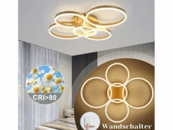 NETTLIFE Lámpara de techo LED dorada con 2 anillos acrílicos, 46 W, regulable, para salón, moderna, 59 cm, con mando a distancia