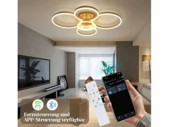 NETTLIFE Lámpara de techo LED dorada con 2 anillos acrílicos, 46 W, regulable, para salón, moderna, 59 cm, con mando a distancia