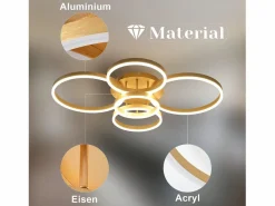 NETTLIFE Lámpara de techo LED dorada con 2 anillos acrílicos, 46 W, regulable, para salón, moderna, 59 cm, con mando a distancia