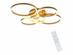 NETTLIFE Lámpara de techo LED dorada con 2 anillos acrílicos, 46 W, regulable, para salón, moderna, 59 cm, con mando a distancia