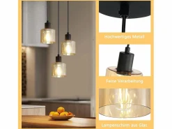 Best NETTLIFE Mesa de comedor suspendida. Lámpara colgante vintage con 3 bombillas. Lámpara de mesa de comedor suspendida, E27, metal negro, retro industrial. Dorado
