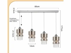 Sale NETTLIFE Mesa de comedor suspendida moderna de cristal, con 4 lámparas E27 suspendidas, 150 cm, altura regulable. Plateado