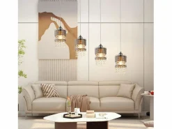 Sale NETTLIFE Mesa de comedor suspendida moderna de cristal, con 4 lámparas E27 suspendidas, 150 cm, altura regulable. Plateado