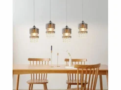 Sale NETTLIFE Mesa de comedor suspendida moderna de cristal, con 4 lámparas E27 suspendidas, 150 cm, altura regulable. Plateado