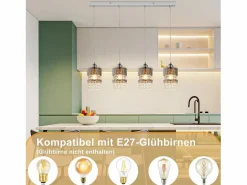 Sale NETTLIFE Mesa de comedor suspendida moderna de cristal, con 4 lámparas E27 suspendidas, 150 cm, altura regulable. Plateado