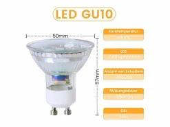NETTLIFE Pack 10 bombillas LED GU10 5W, cálido, sustituye 50W, ahorro energético, 3000K, ángulo 110°, reflector fijo.