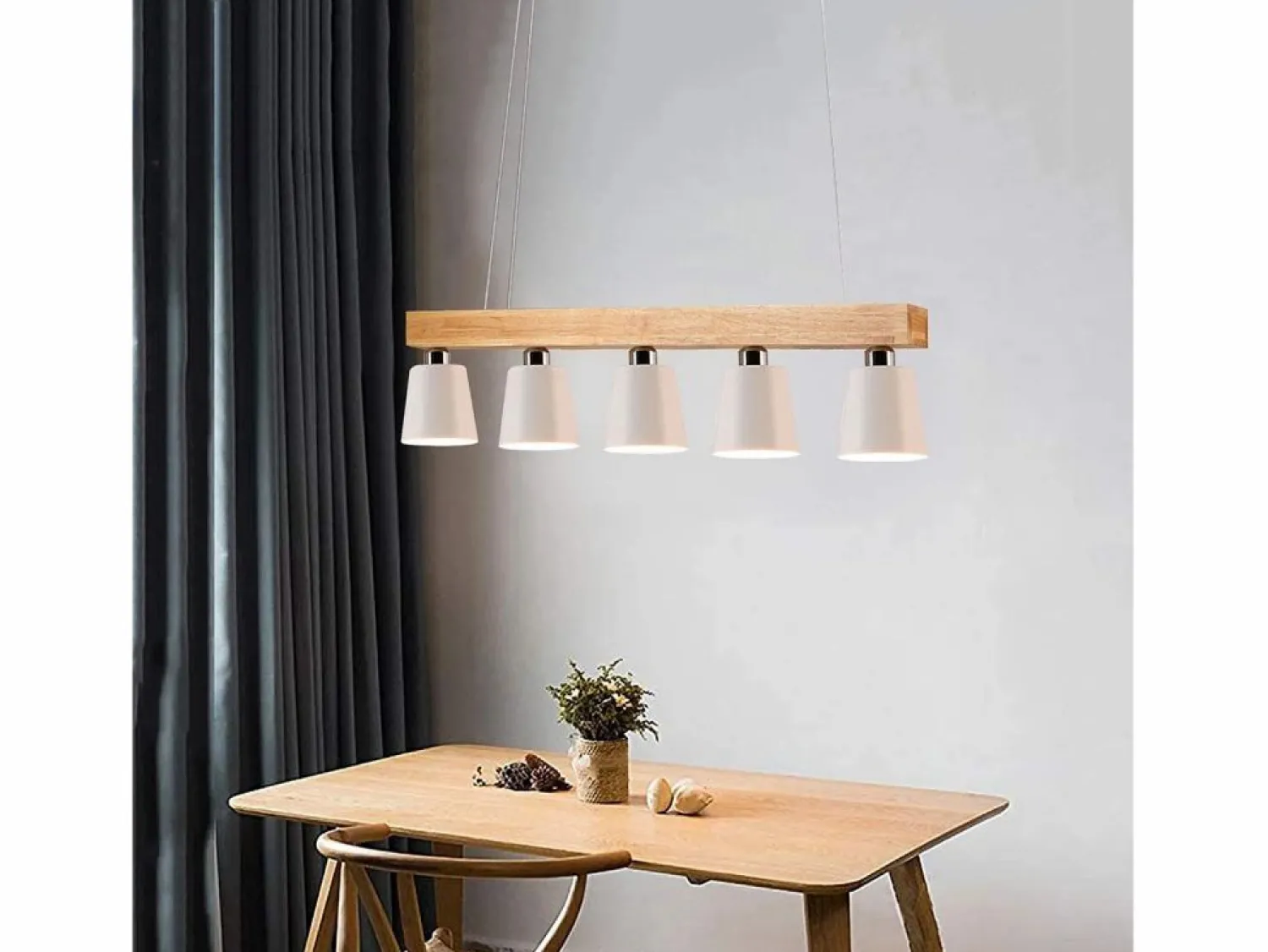 NETTLIFE Suspensión 5 bombillas E27 blanca moderna Lámpara de comedor de metal y madera Diam.102cm para cocina salón pasillo hotel