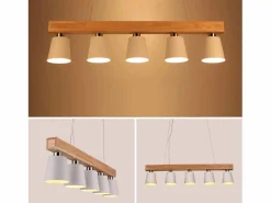 NETTLIFE Suspensión 5 bombillas E27 blanca moderna Lámpara de comedor de metal y madera Diam.102cm para cocina salón pasillo hotel