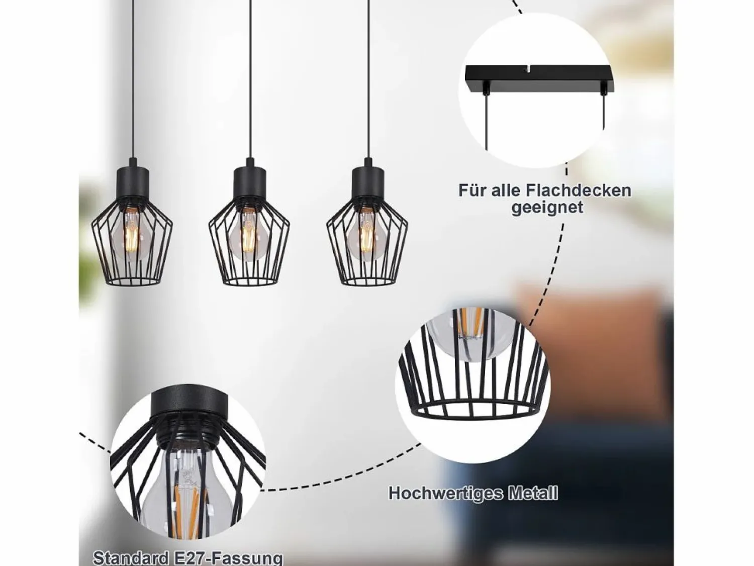 Outlet Suspensión con 3 llamas, suspensión metálica industrial negra, LED E27, metálica. Lámpara Suspendida
