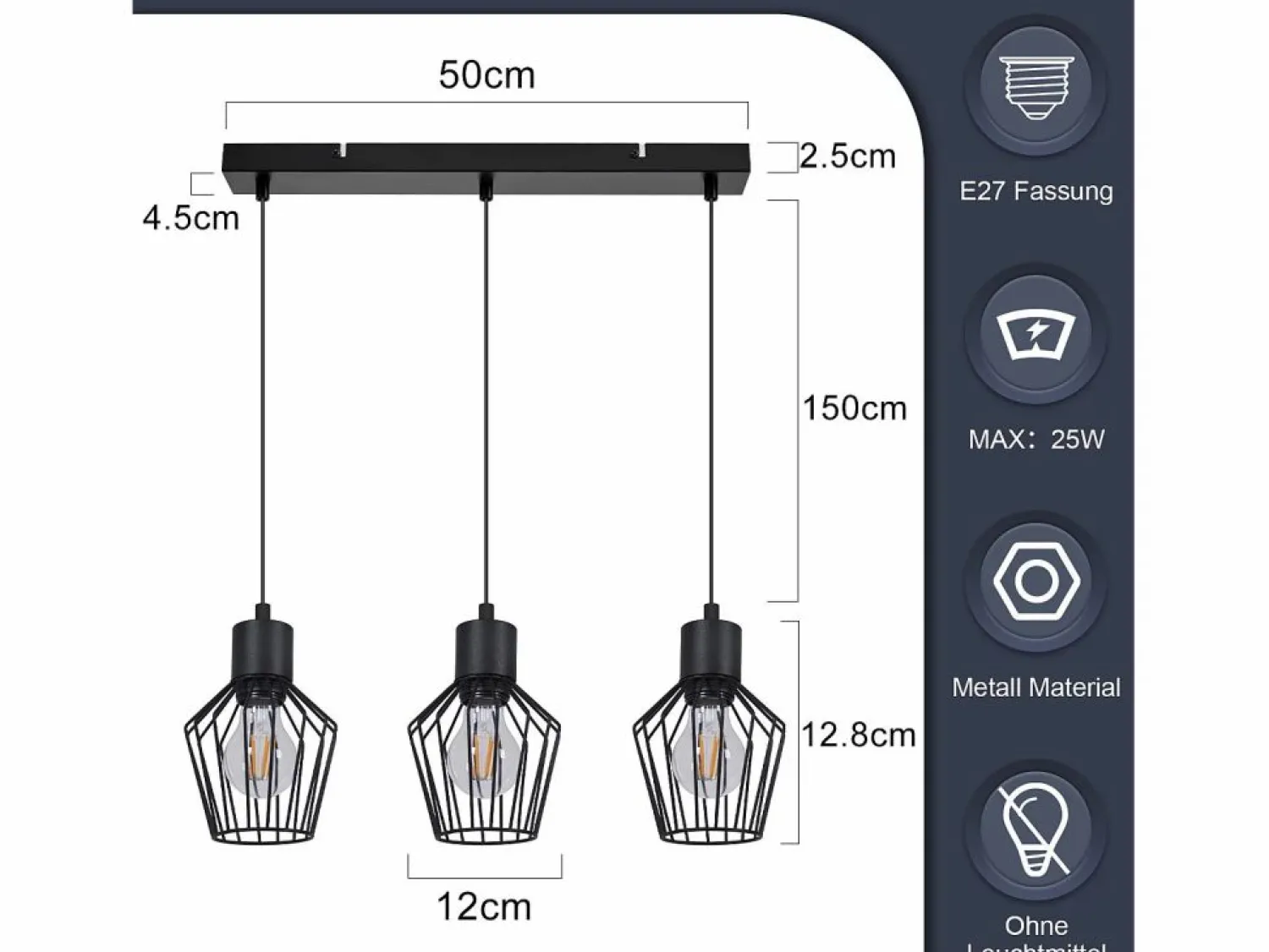 Outlet Suspensión con 3 llamas, suspensión metálica industrial negra, LED E27, metálica. Lámpara Suspendida