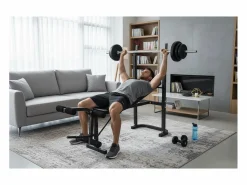 Outlet O'Fitness Banco de pesas con barra + pesas de 20 Kg incluidas - - Ideal para la actividad física en casa Negro