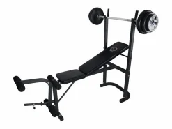 Outlet O'Fitness Banco de pesas con barra + pesas de 20 Kg incluidas - - Ideal para la actividad física en casa Negro