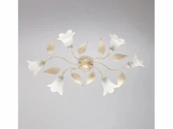Hot Olga - Lámpara de techo en hierro lacado marfil con decoración. Difusores de oro antiguo y cristal d. 14 alabastro blanco 6 luces L. 70 X 52 Plafón