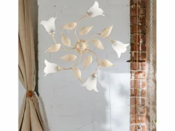 Clearance Olga - Lámpara de techo marfil con cristal alabastro y acabado oro antiguo, 5 luces Ø70 cm Dorado