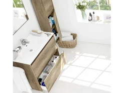 Pack Mueble Baño con Espejo y Lavamanos Cerámico, Columna Nordik Marru00f3n