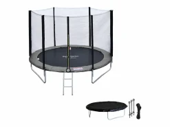 Happy Garden Pack Premium Trampolín 245cm reversible / gris CANBERRA + red, escalera, funda y kit de anclaje