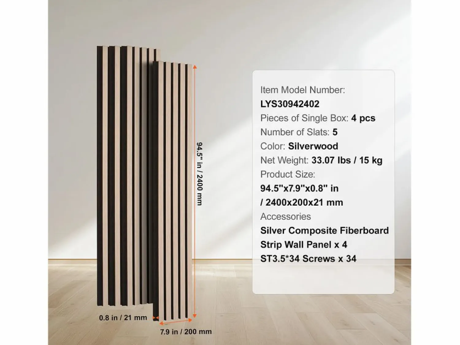 Hot Paneles Acústicos de Listones de Madera SucceBuy, Paneles de Pared de Madera MDF, para Decoración de Pared Interior Moderna, 240 x 20 cm Plateado