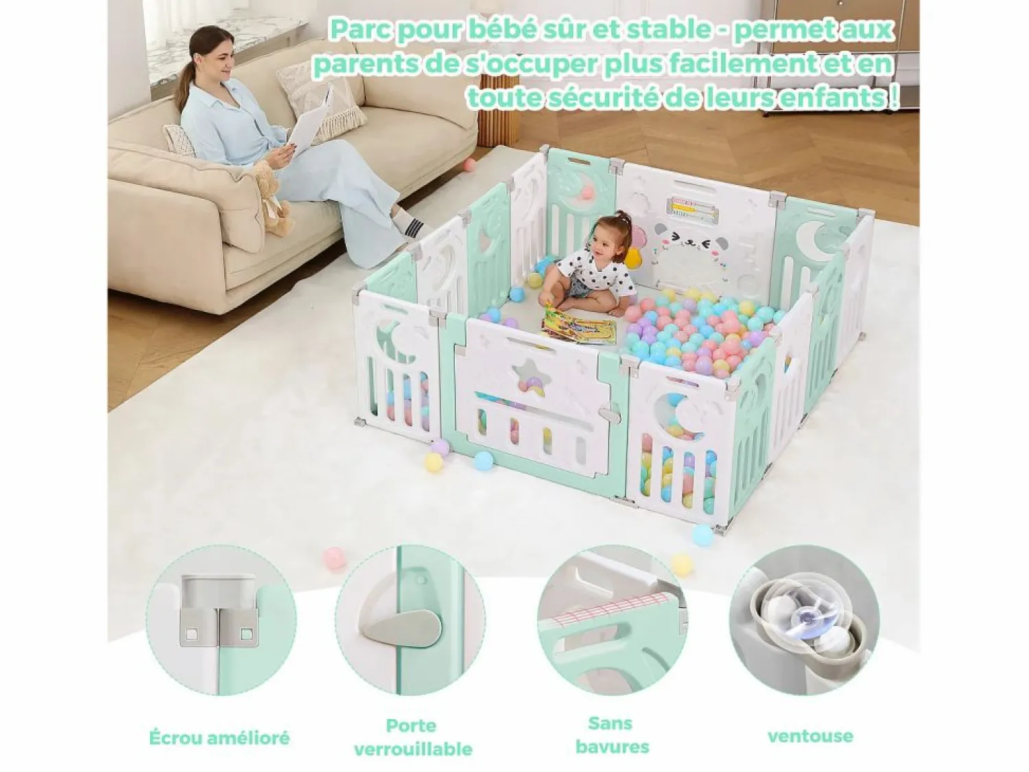 Discount Paneles de parque para bebés 12+2, puerta de barrera de seguridad, cuadrícula protectora de plastro ecológico, 150x150x62cm - Mueble De Bebé