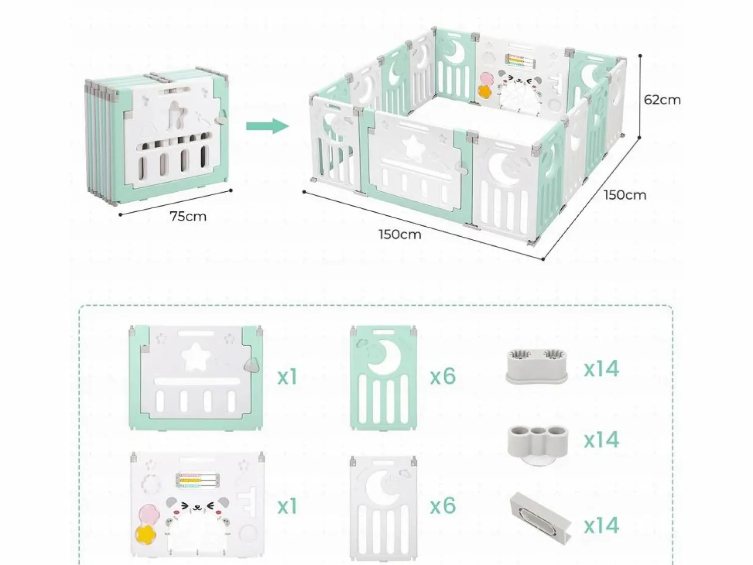 Discount Paneles de parque para bebés 12+2, puerta de barrera de seguridad, cuadrícula protectora de plastro ecológico, 150x150x62cm - Mueble De Bebé