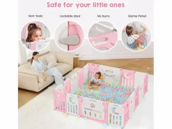Clearance DripeX Paneles de parque para bebés 16+2, Portal de barrera de seguridad XXL, cuadrícula protectora de plastro ecológico con puerta, 190x190cm, , Rosa