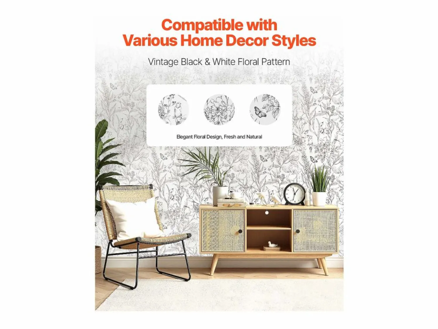 Clearance Papel Pintado Adhesivo de Pared SucceBuy, 45 cm x 10 m, Rollo Papel Pintado Autoadhesivo Vinilo, Motif Floral Botánico , Impermeable Blanco
